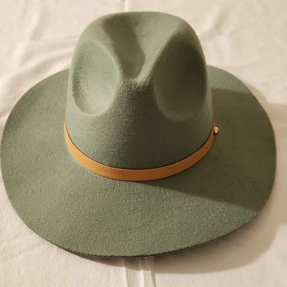 Fedora Hat Sage Green Soft Felt Pinched Crown Wide Brim Unisex Travel Walking